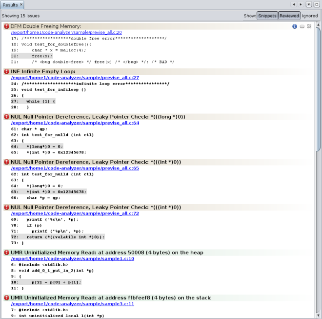 Code Analyzer Results tab showing static and dynamic errors image:Code Analyzer Results tab showing static and dynamic errors