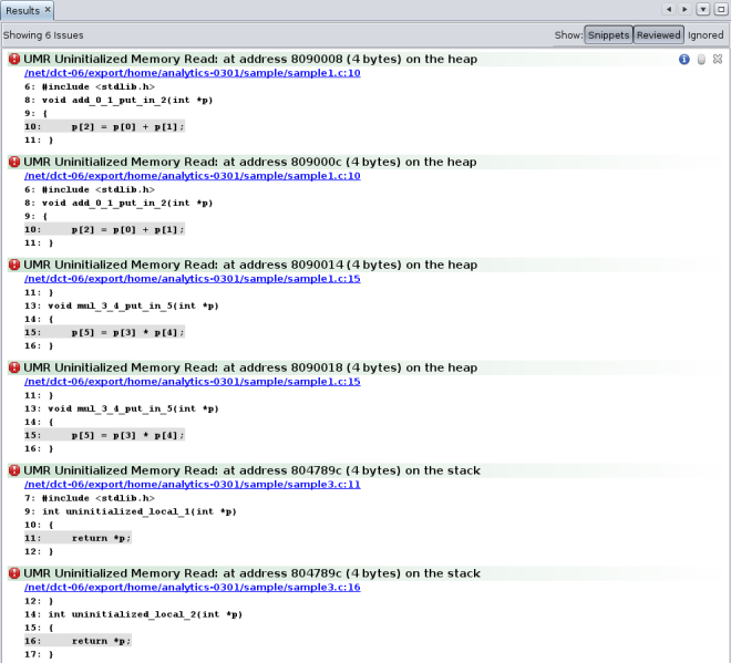 image:Code Analyzer Results tab showing six dynamic memory issues