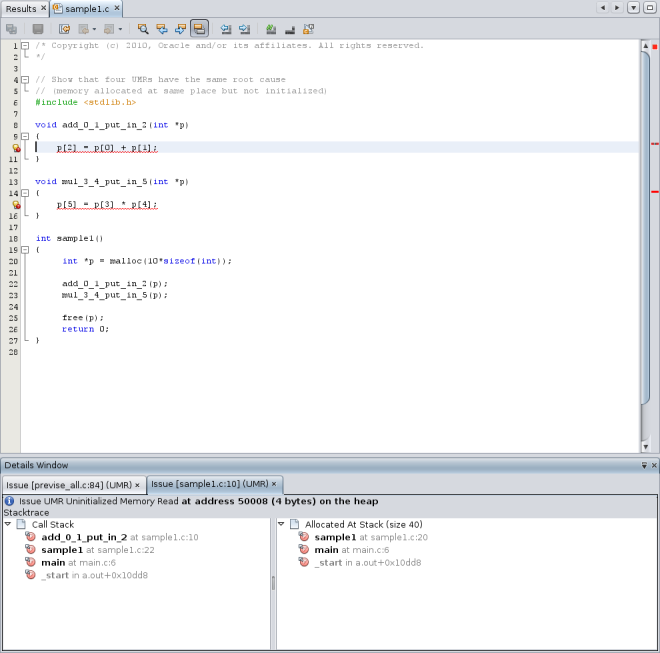Source file for Uninitialized Memory Read error with Details window image:Source file for Uninitialized Memory Read error with Details window