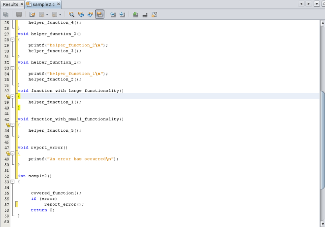 image:Portion of source file with uncovered code and warning icons for coverage issues
