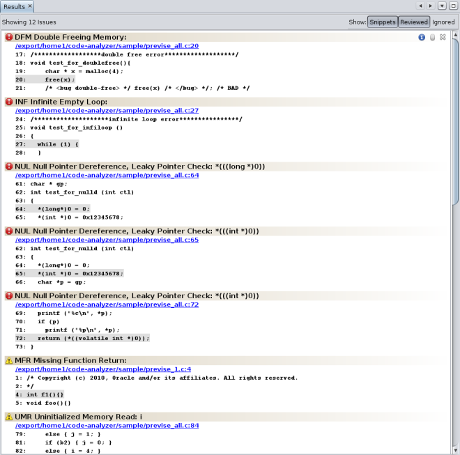 Code Analyzer Results tab displaying static issues image:Code Analyzer Results tab displaying static issues
