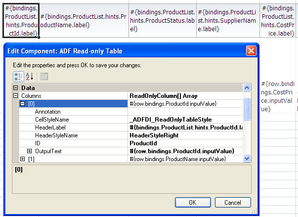 The Read-only Table component at design time.