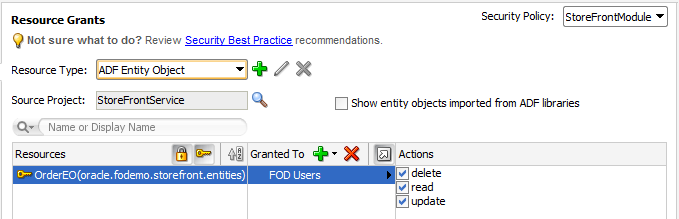 Entity object grant in ADF policy editor