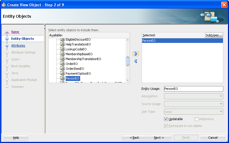 Step 2 of the Create View Object wizard
