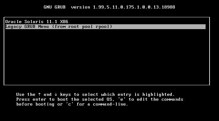 Figure that shows the GRUB Legacy submenu entry in the GRUB 2 main menu on an upgraded system. image:Figure that shows the GRUB Legacy submenu entry in the GRUB 2 main menu on an upgraded system.