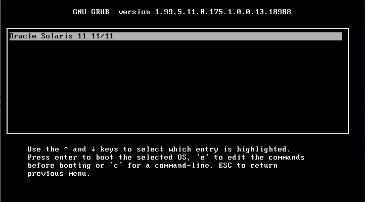 Figure of the GRUB 2 main menu displaying the new Oracle Solaris entry. image:Figure of the GRUB 2 main menu displaying the new Oracle Solaris entry.