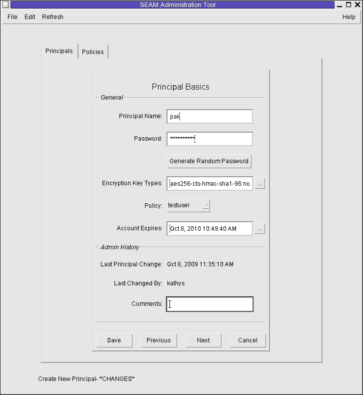 Dialog box titled SEAM Tool shows account data for the pak principal. Shows password, account expiration date, and testuser policy. image:Dialog box titled SEAM Tool shows account data for the pak principal. Shows password, account expiration date, and testuser policy.