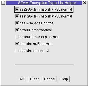 Dialog box titled SEAM Encryption Type List Helper lists all of the encryption types installed. image:Dialog box titled SEAM Encryption Type List Helper lists all of the encryption types installed.