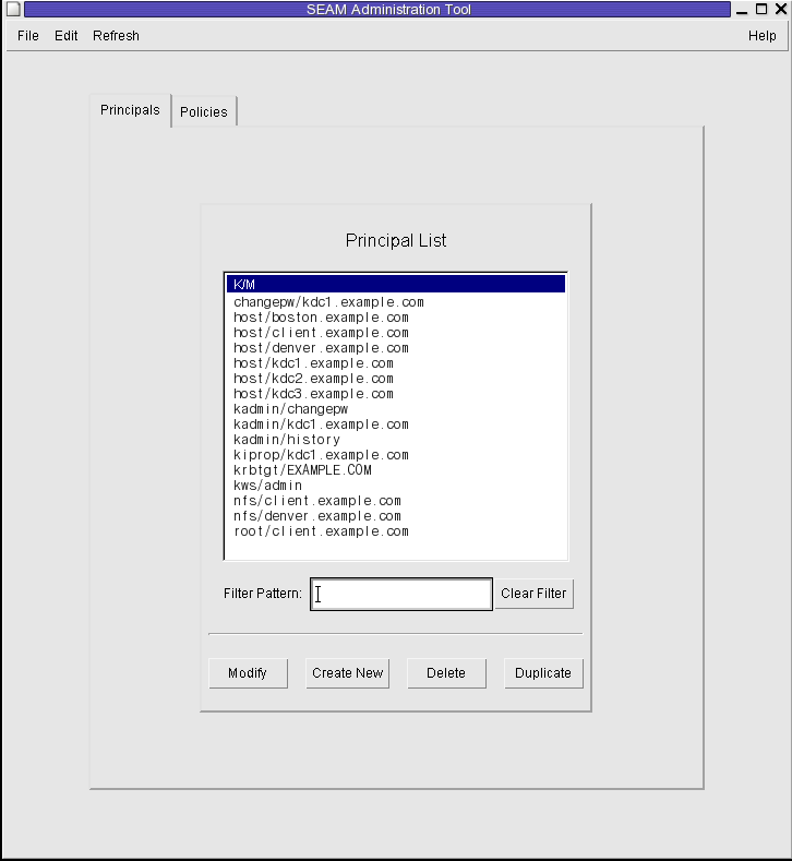 Dialog box titled Seam Tool shows a list of principals and a list filter. Shows Modify, Create New, Delete, and Duplicate buttons. image:Dialog box titled Seam Tool shows a list of principals and a list filter. Shows Modify, Create New, Delete, and Duplicate buttons.
