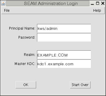 Dialog box titled SEAM Administration Login shows four fields for Principal Name, Password, Realm, and Master KDC. Shows OK and Start Over buttons. image:Dialog box titled SEAM Administration Login shows four fields for Principal Name, Password, Realm, and Master KDC. Shows OK and Start Over buttons.
