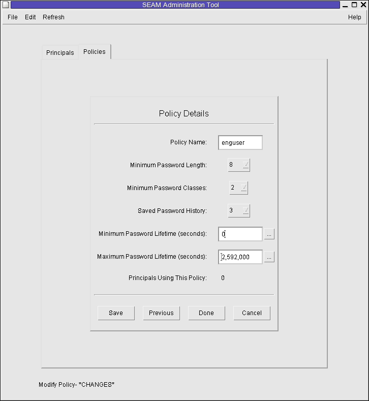 Dialog box titled SEAM Tool shows policy details of the enguser policy. Shows Save, Previous, Done, and Cancel buttons image:Dialog box titled SEAM Tool shows policy details of the enguser policy. Shows Save, Previous, Done, and Cancel buttons