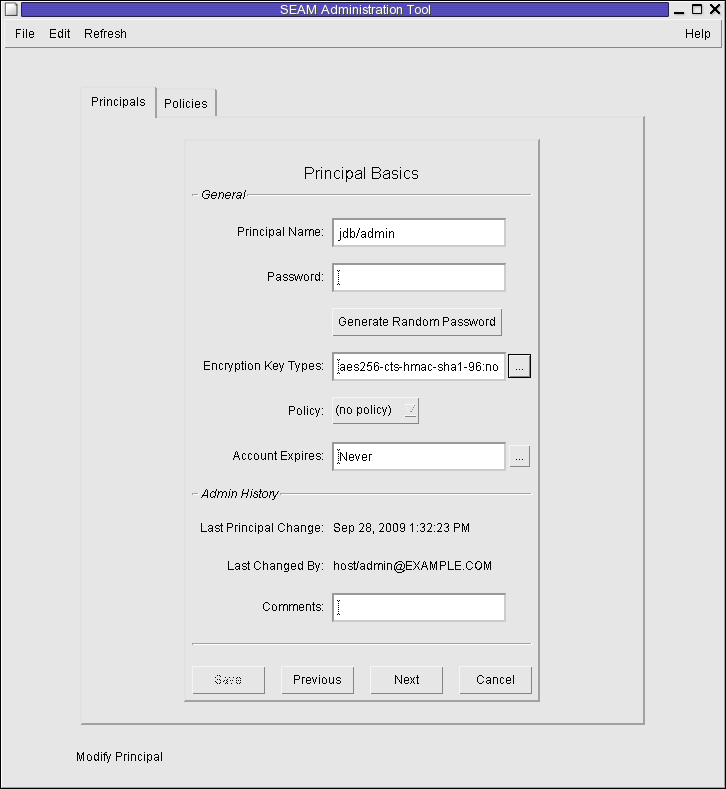 Dialog box titled SEAM Tool shows account data for the jdb/admin principal. Shows account expiration date and comments. image:Dialog box titled SEAM Tool shows account data for the jdb/admin principal. Shows account expiration date and comments.