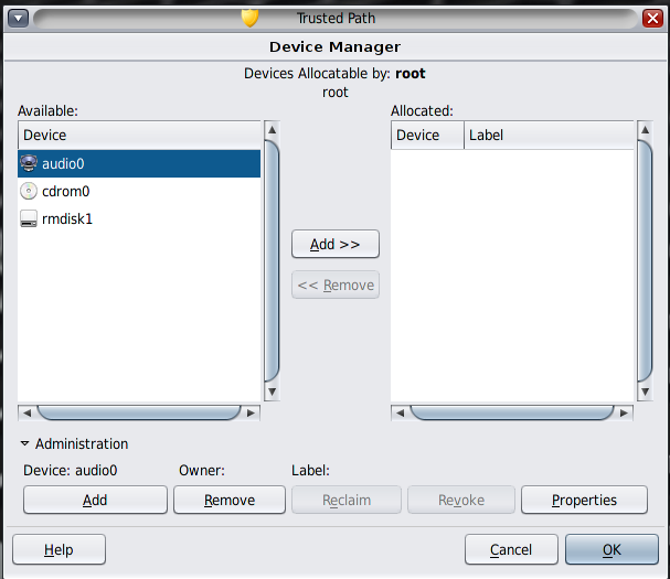 Device Manager shows the devices that are available to root. The Administration menu near the bottom left opens the Administration GUI. image:Device Manager shows the devices that are available to root. The Administration menu near the bottom left opens the Administration GUI.