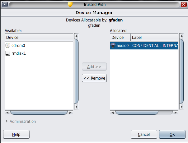 Device Manager shows that the audio0 device is allocated to the user at the label internal. image:Device Manager shows that the audio0 device is allocated to the user at the label internal.