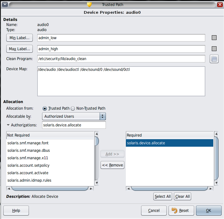 Device Properties: audio0 dialog box shows the default security settings for an audio device allocated by root in the global zone. image:Device Properties: audio0 dialog box shows the default security settings for an audio device allocated by root in the global zone.