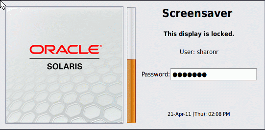 Graphic shows the Oracle Solaris Screensaver dialog box with a password typed in the password field. image:Graphic shows the Oracle Solaris Screensaver dialog box with a password typed in the password field.