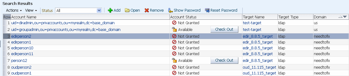 Example Search Results table