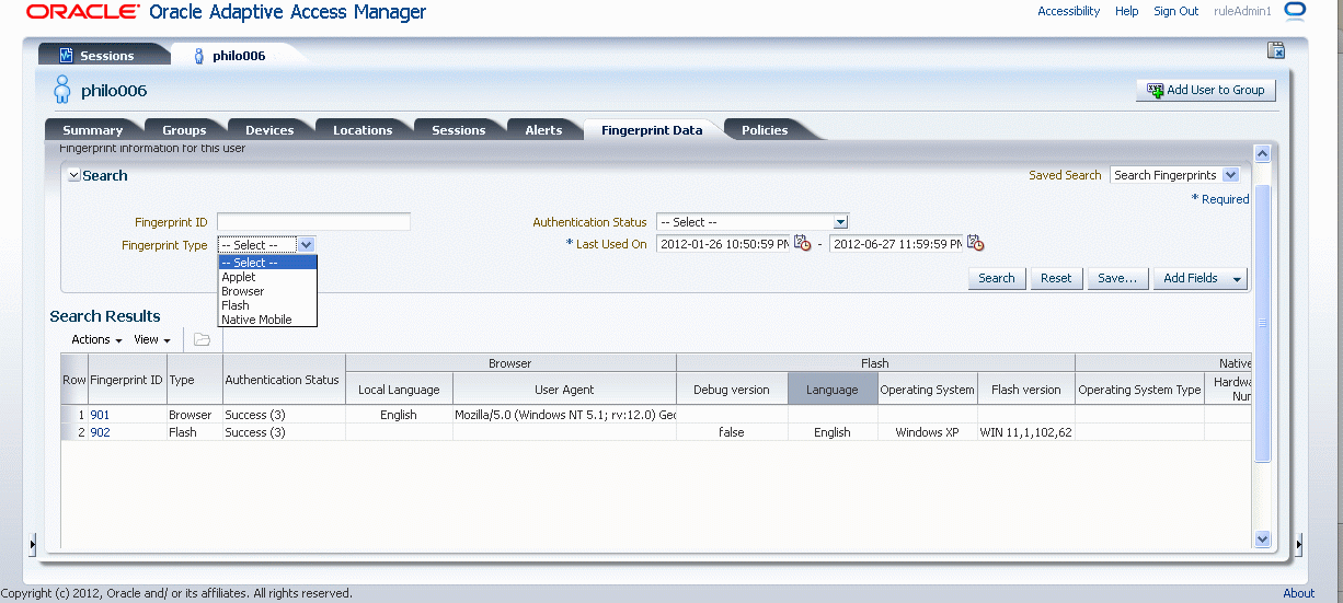 A search by Fingerprint Type is shown.