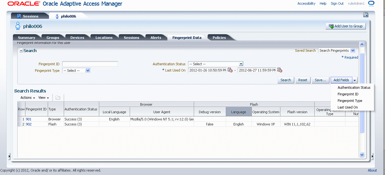 Add Fields for Browser Fingerprint Search are shown.