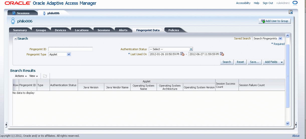 An applet fingerprint search is shown.