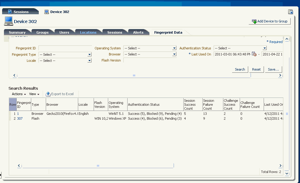 The device details fingerprint data tab is shown.