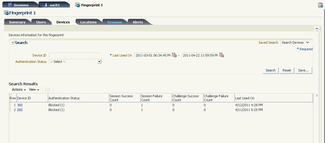 The fingerprint details devices tab is shown.