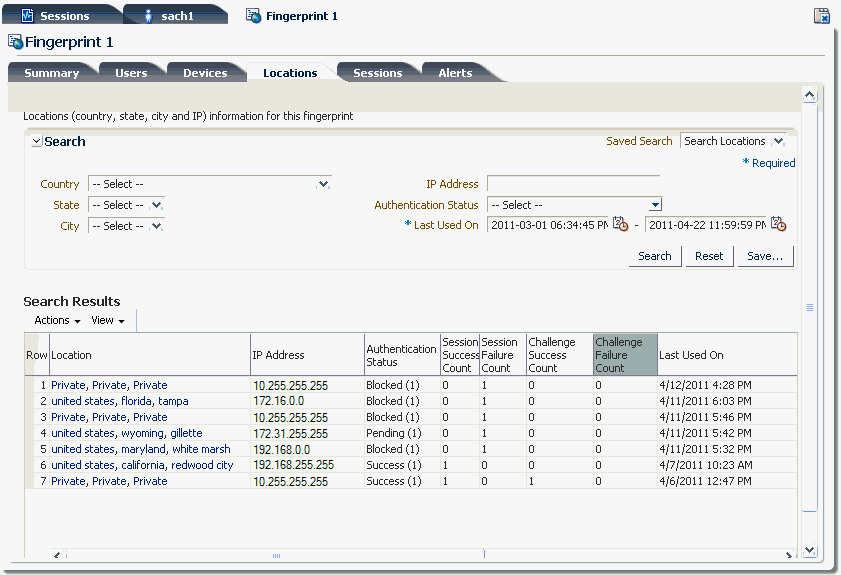 The fingerprint details location tab is shown.