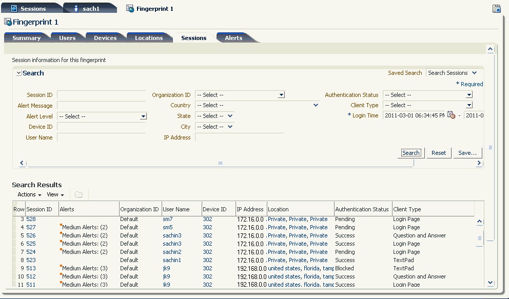 The fingerprint details sessions tab is shown.