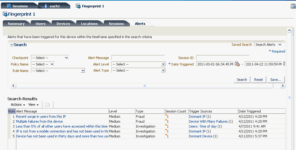 The fingerprint details alerts tab is shown.