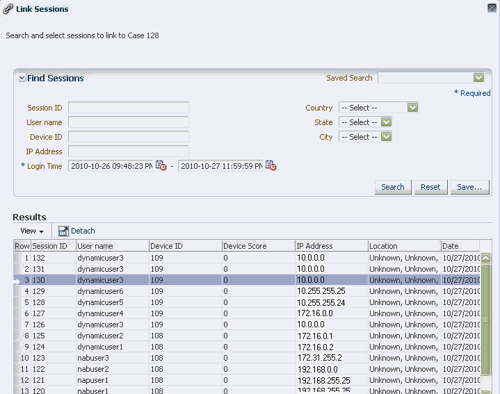 A linked sessions search is shown.