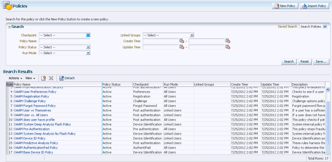 The Policies search page is shown.