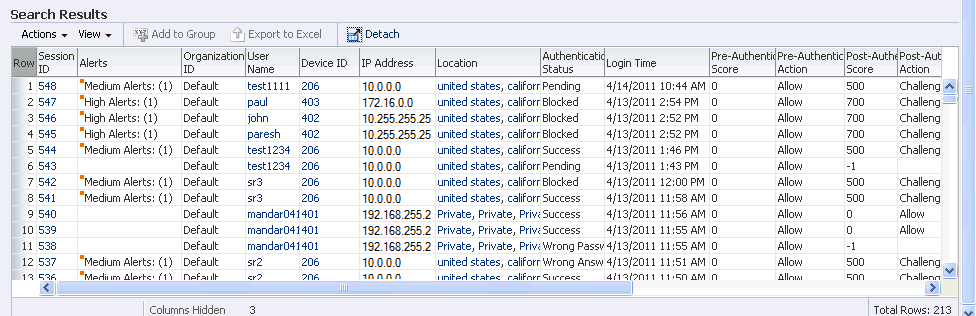 The screen shows the Sessions search page.