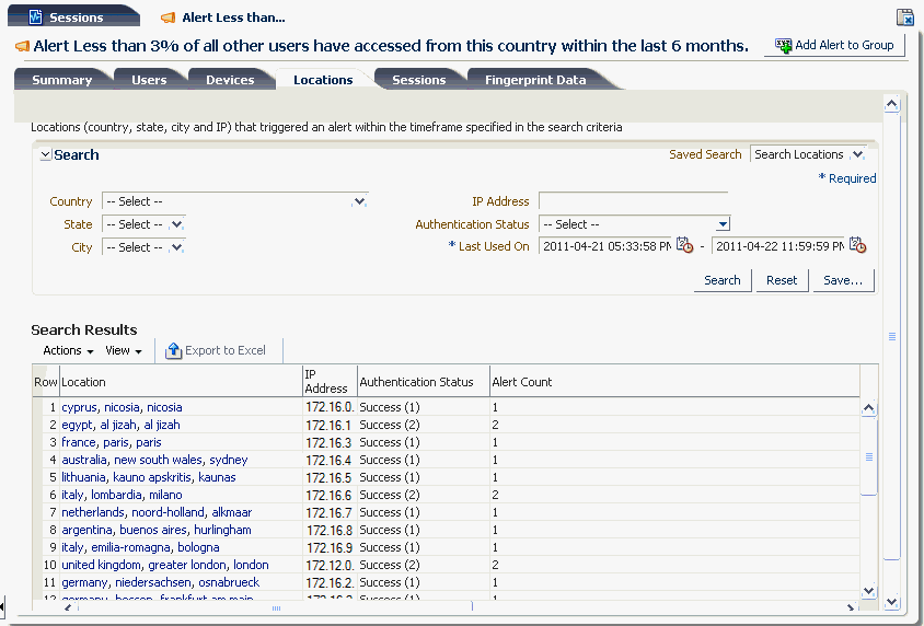 The alert details locations tab is shown.