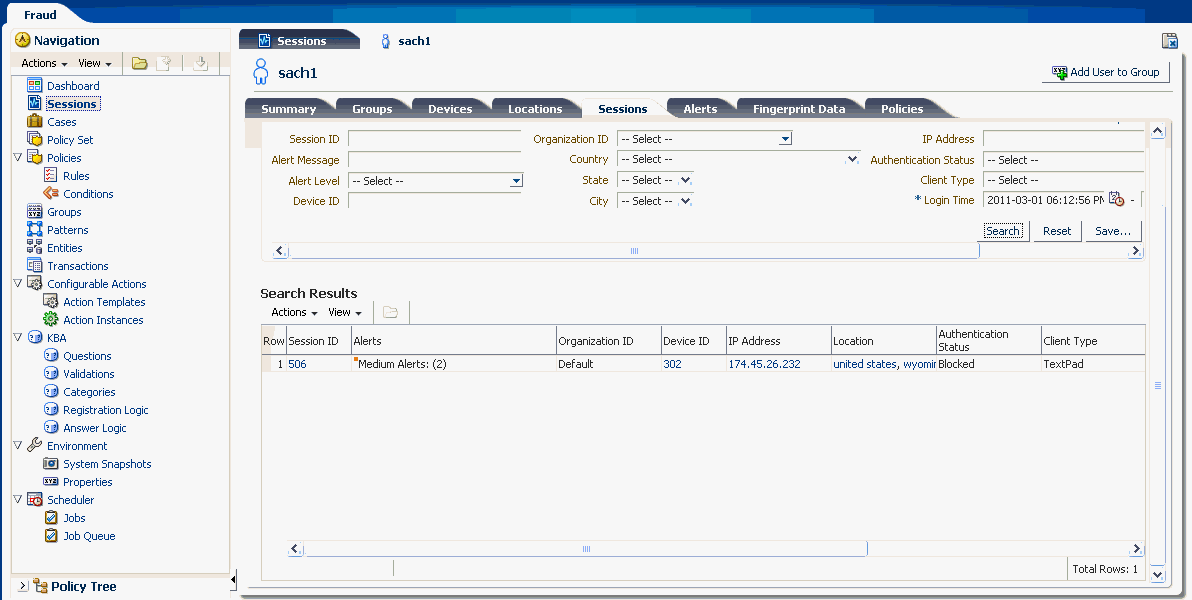 The user details sessions tab is shown.