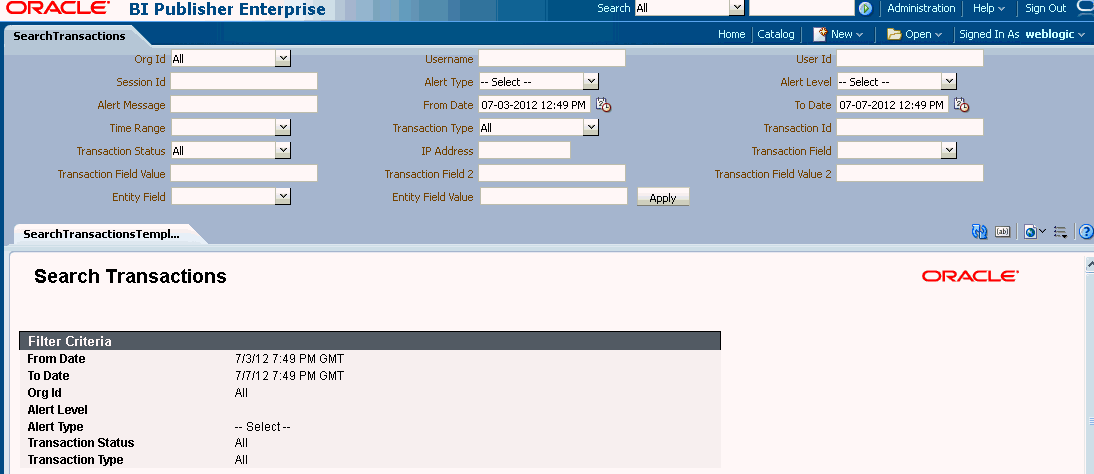 Search filters for the SearchTransactions report is shown.