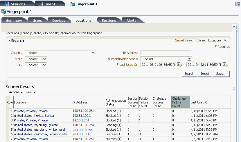 The fingerprint details location tab is shown.