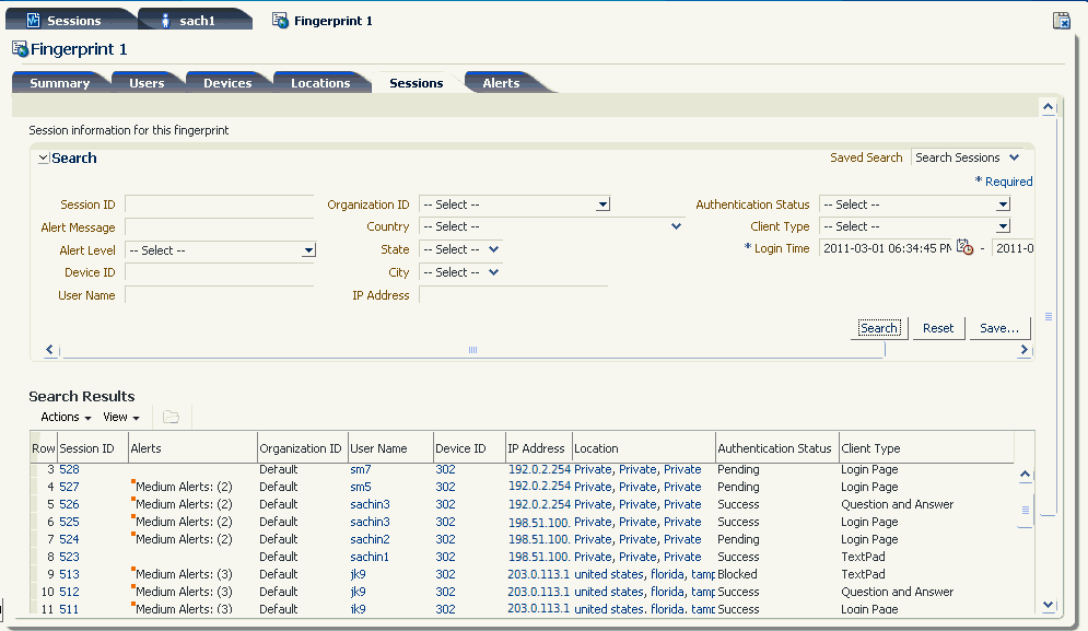 The fingerprint details sessions tab is shown.