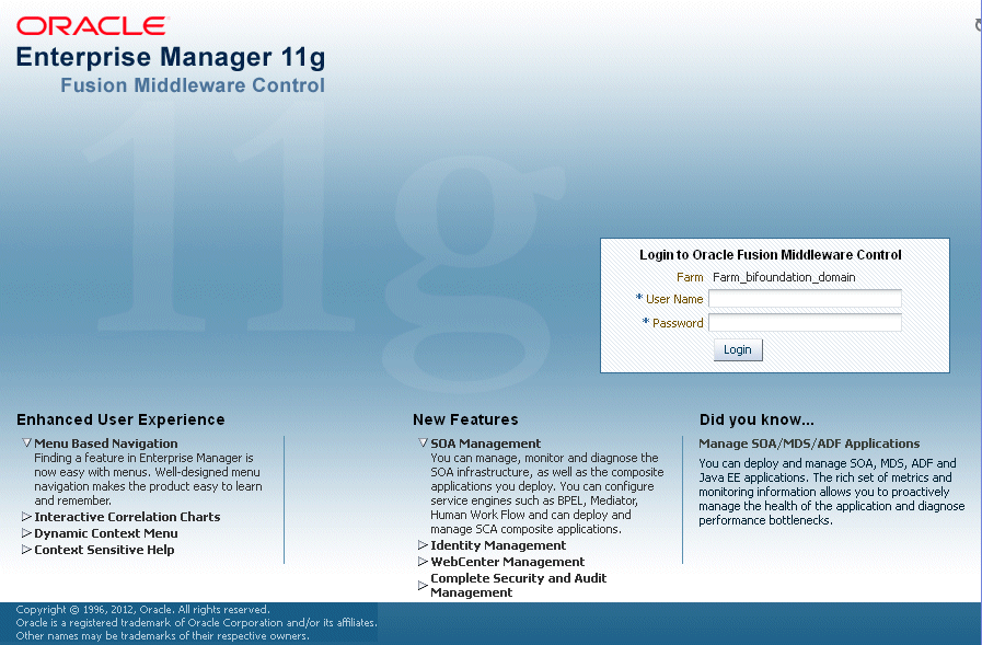 Fusion Middleware Control Login page. Fusion Middleware Control Login page.