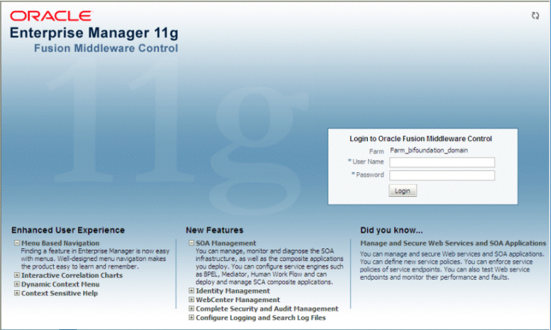 Fusion Middleware Control Login page. Fusion Middleware Control Login page.