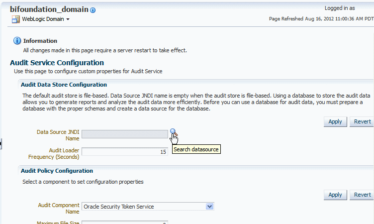 Audit Service Configuration page