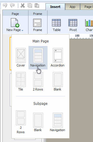 Selecting Navigation from New Page menu Selecting Navigation from New Page menu