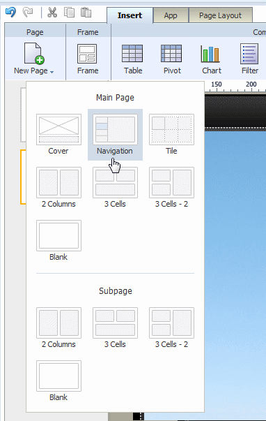 Selecting Navigation from New Page menu Selecting Navigation from New Page menu