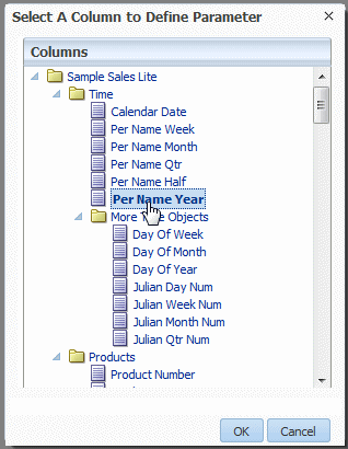 Selecting a column to define a parameter Selecting a column to define a parameter