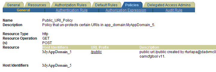 OAMCfgTool Policy Domain Policies Tab OAMCfgTool Policy Domain Policies Tab