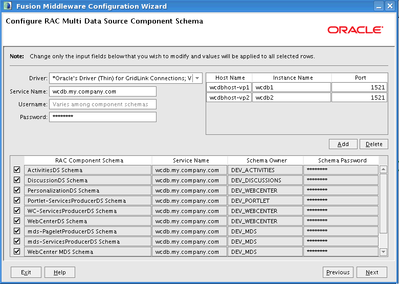 Configure RAC Multi Data Source Component Schema screen Configure RAC Multi Data Source Component Schema screen