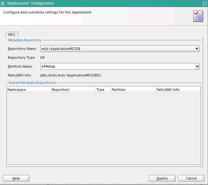 Deployment configuration page with MDS options Deployment configuration page with MDS options