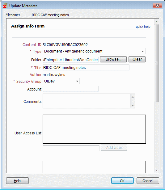 Update Metadata dialog