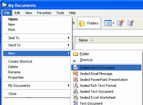 File and New and Sealed Word Document menus selected File and New and Sealed Word Document menus selected