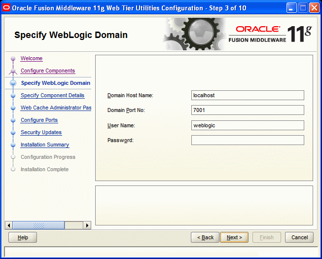 Specify WebLogic Domain screen Specify WebLogic Domain screen