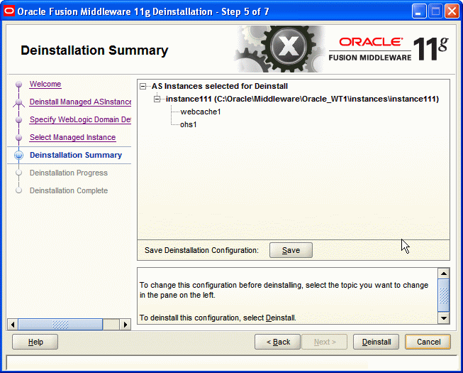 Deinstallation Summary screen for Managed Instances Deinstallation Summary screen for Managed Instances